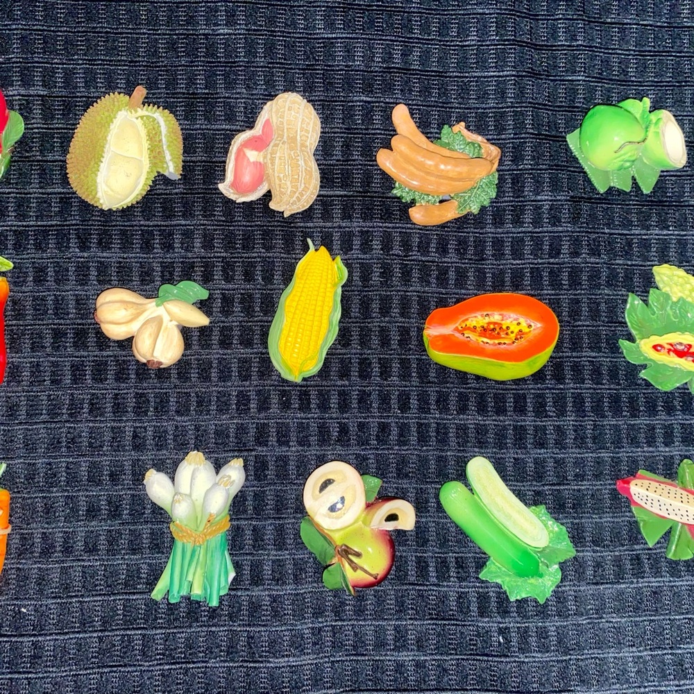Vintage Ceramic, Wood & Plastic Fruit & Vegetable Magnets 15 total like new